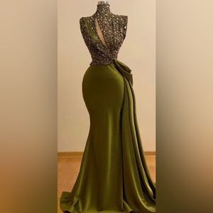 Olive Green Sequins Evening Gown